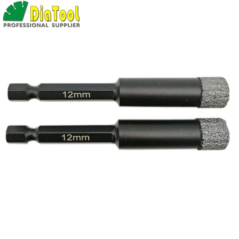 DIATOOL 2PK Diatool 12mm Vaccum Brazed Diamond drilling bits for stone porcelain/tile Masonry Dry drilling quick-fit Shank