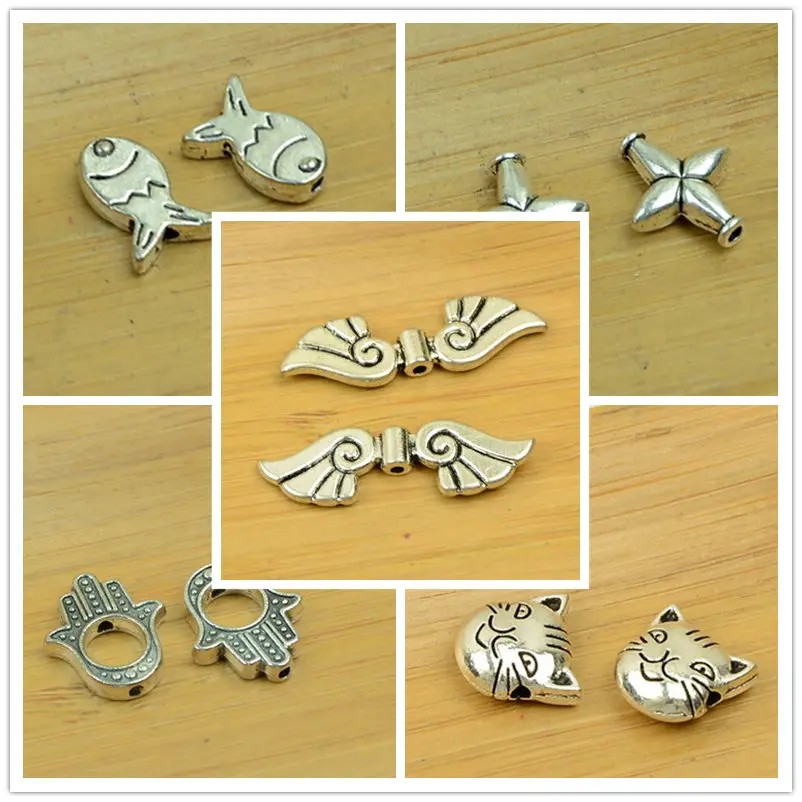 alloy bead wing/owl/fish/dolphin/butterfly/cross/heart/bowknot/cat shape small hole charm antique silver diy jewelry accessories