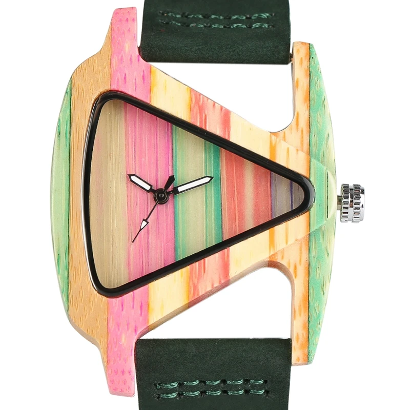 Unique Colorful Wood Watch Creative Triangle Shape Dial Hour Clock Women Quartz Leather Bracelet Watch Women\'s Wrist Reloj Mujer