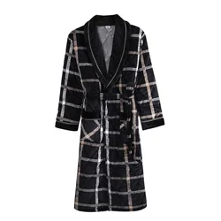 New Men Winter 3 Layers Coral Feece Quilted Robe Plaid Long Sleeve Kimono Bathrobe Gown Casual Home Clothes Male SPA Sleep Wear