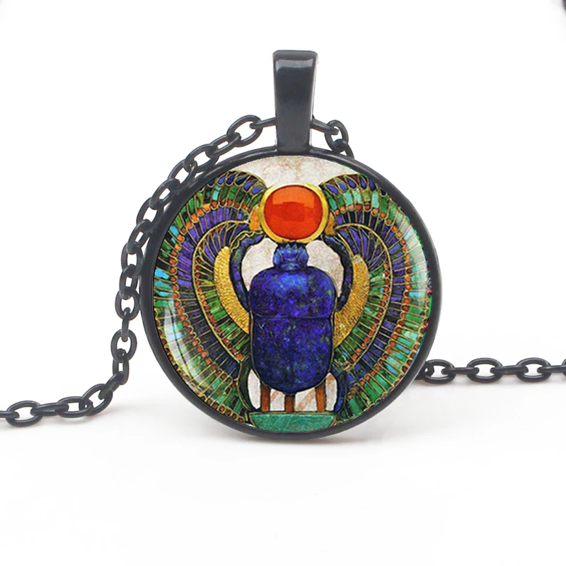 Vintage Egyptian Sacred Beetle Pattern Pendant Necklace Ancient Egyptian Style Glass Long Chain Man Woman Gift Jewelry Choker