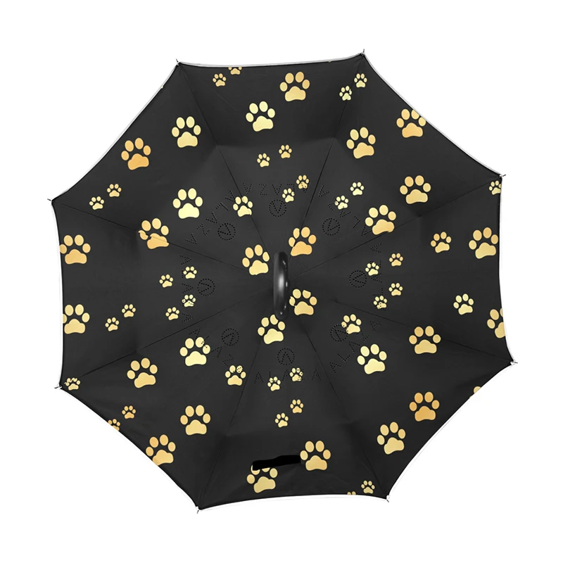 Fashion Long Shank Double Layer Inverted Umbrella Rain Women Black Windproof C-Hook Cat Dog Footprint Reverse Umbrella For Car