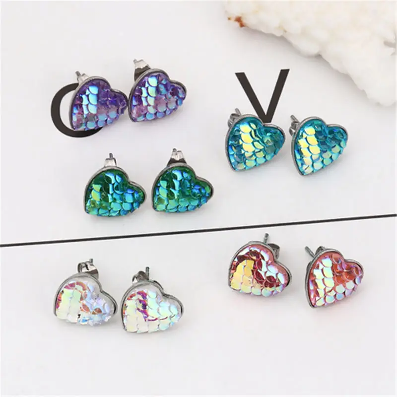 1 Pair Fashion Ear Post Stud Earrings Stainless Steel & Resin Mermaid Fish/ Dragon Scale  Heart AB Color Jewelry 13 x 13mm