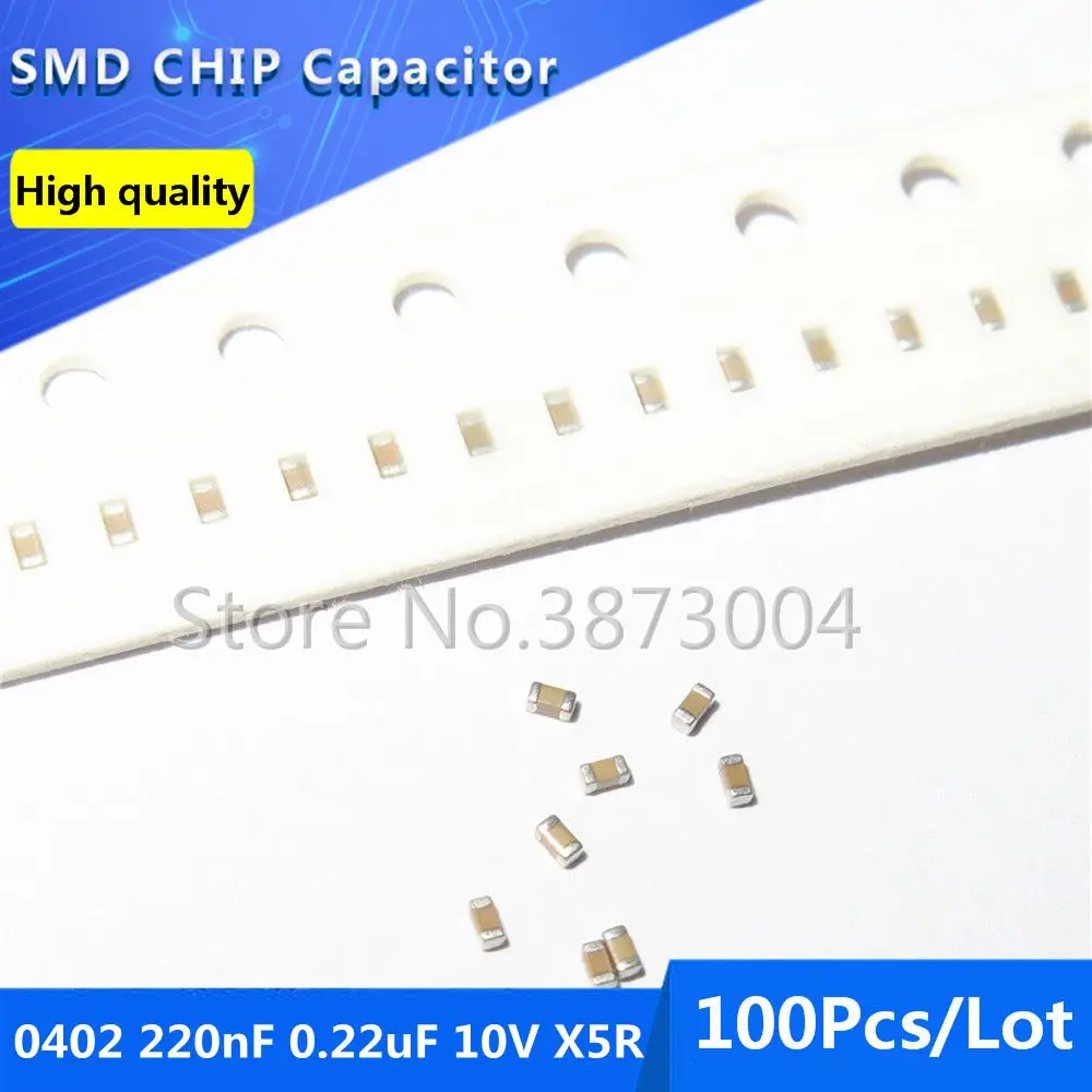 100pcs 0402 220nF 0.22uF 10V X5R 10% Thick Film Chip Multilayer Ceramic Capacitor