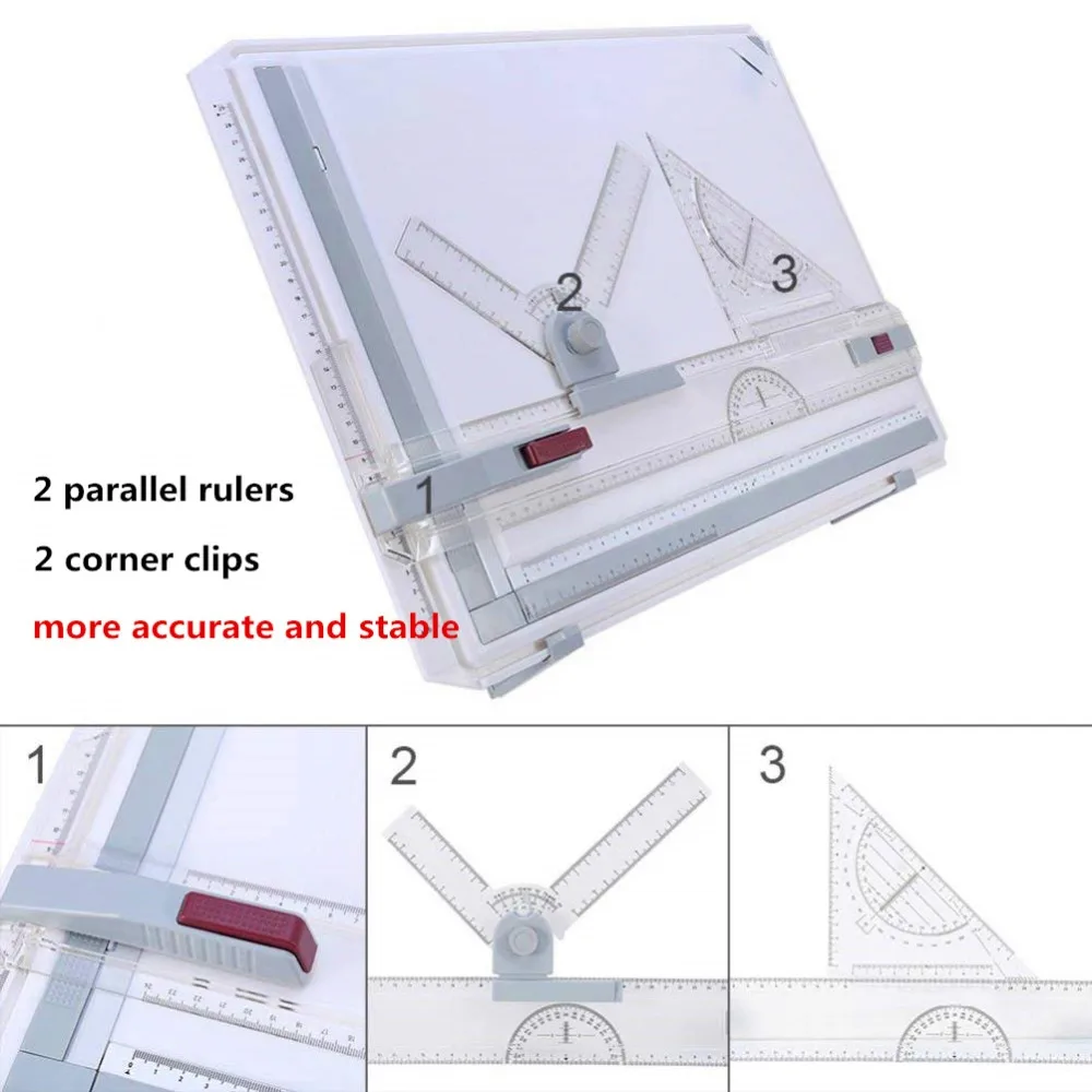 Tablero de dibujo portátil A3, tablero de pintura de borrador con reglas paralelas, Clips de esquina, bloqueo de cabeza, ángulo ajustable,