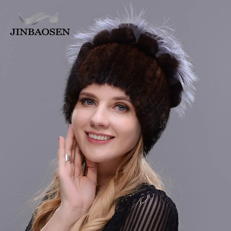 JINBAOSEN  New Style Fur Hat Black Wholesale Mink Fur Fox Fur Hat Winter Warm Woman\'s Fashion Shopping Leisure Ski Cap