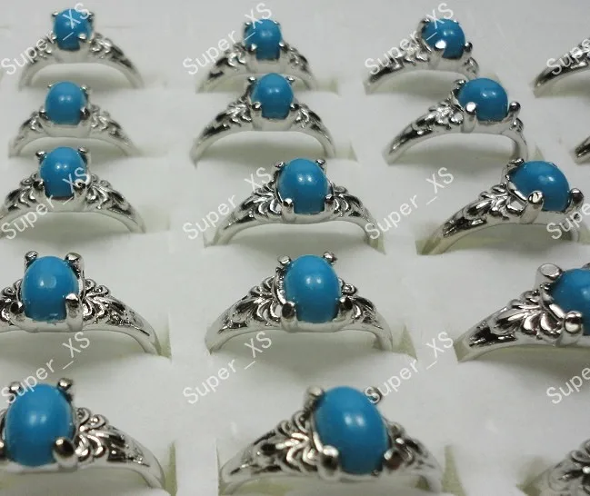 300Pcs/Lot Blue Malay Jade Light Sky Blue Turquoise Silver Plated Rings for Women Whole Jewelry Bulk Rings Lots LR056