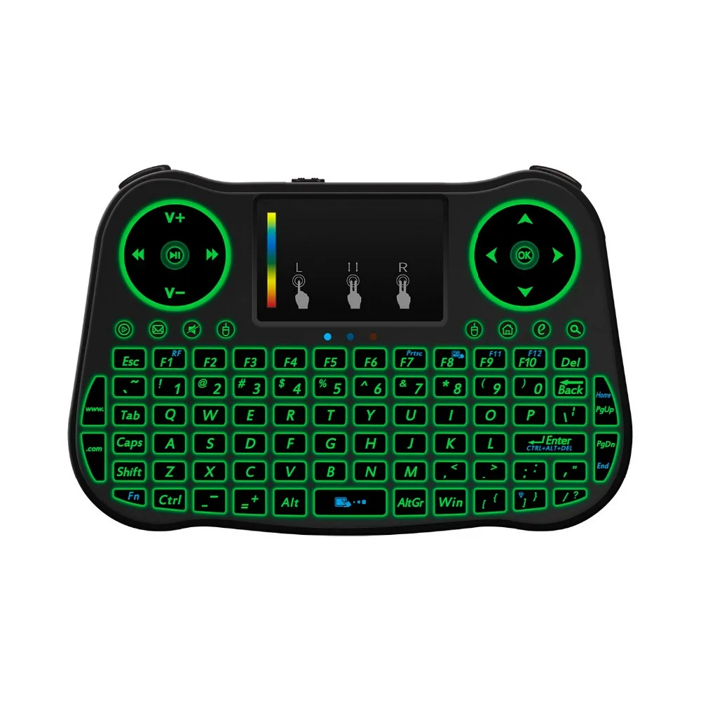 Mt08 arco-íris retroiluminado mini teclado sem fio touchpad 2.4ghz air mouse para caixa de tv inteligente computador inglês russo espanhol