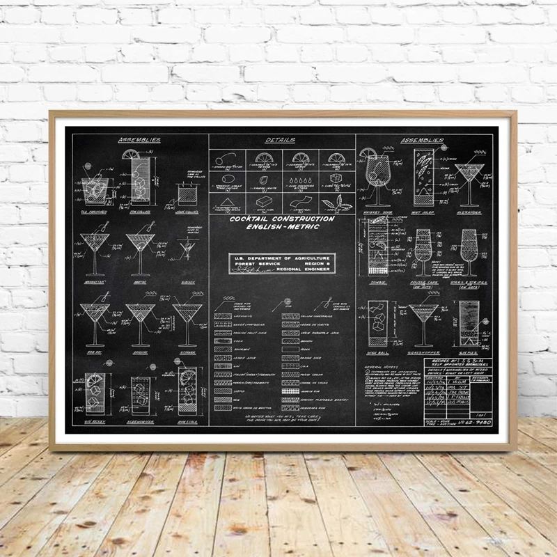 Cocktail Chart Wall Art Prints And Poster Bartender Gift Cocktail Recipe Canvas Painting Wall Picture Bar Pub Alcohol Art Decor