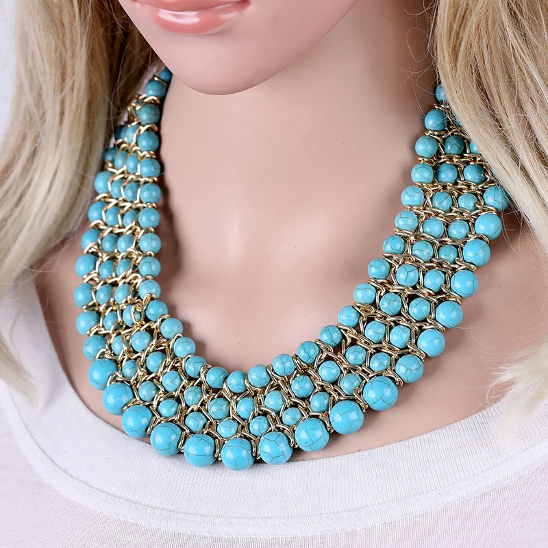 KAYMEN Fashion New Imitation Turquoise Stands Weaving Statement Necklace for Women Handmade Beaded Chunky Chokers Wholesale