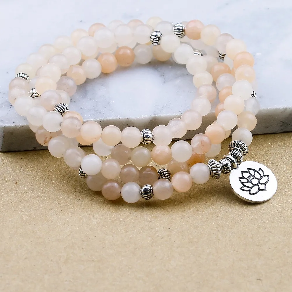 6mm 108 Prayer Beads Mala Bracelet Pink Aventurine Wrapped Wrists Lotus Charm Bracelet for Unisex Buddha Yoga Jewelry