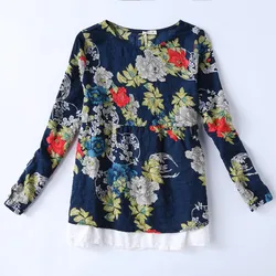 Blusa de linho para mulheres 2017 algodão chiffon, camisas de verão, gola redonda, manga comprida, estampa floral, vintage, macia, azul, tops casuais femininos