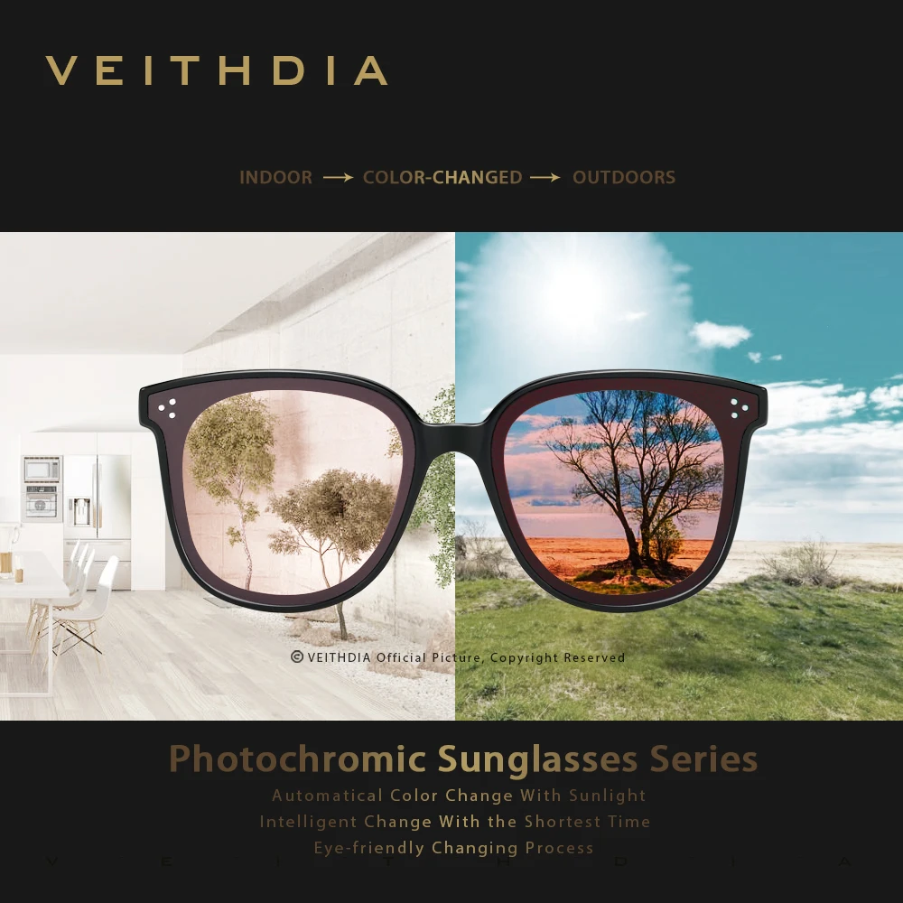 VEITHDIA-Lunettes de soleil photochromiques pour femmes, verres polarisés, miroir UV400, vintage, pour touristes de jour et de nuit, V8520