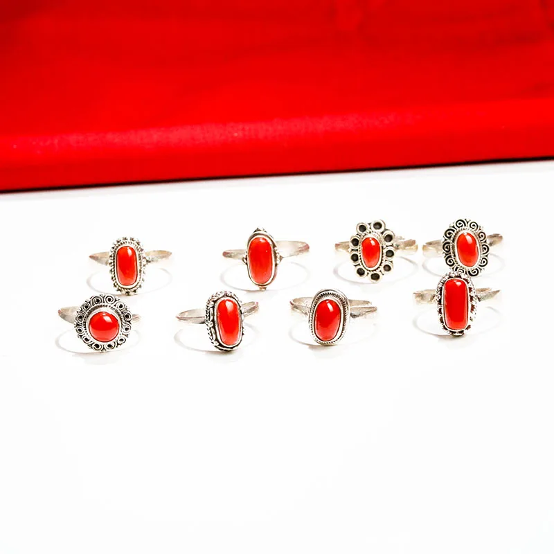 10PCS Mix Wholesale Nepal Vintage Handmade 925 Silver Inlaid Natural Coral Rings for Lady Multi Designs T9159 