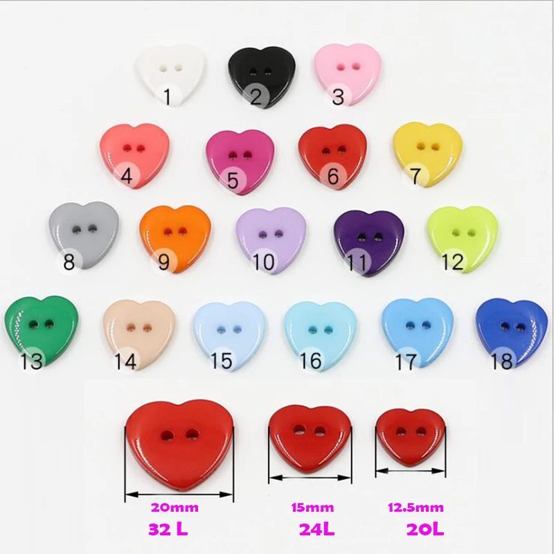 Loverly 1Lot=100pcs Resin Button Heart Shape 2-Hole Plastic Button Garment Accessories Sewing DIY for Childern\'s Clothing Bag