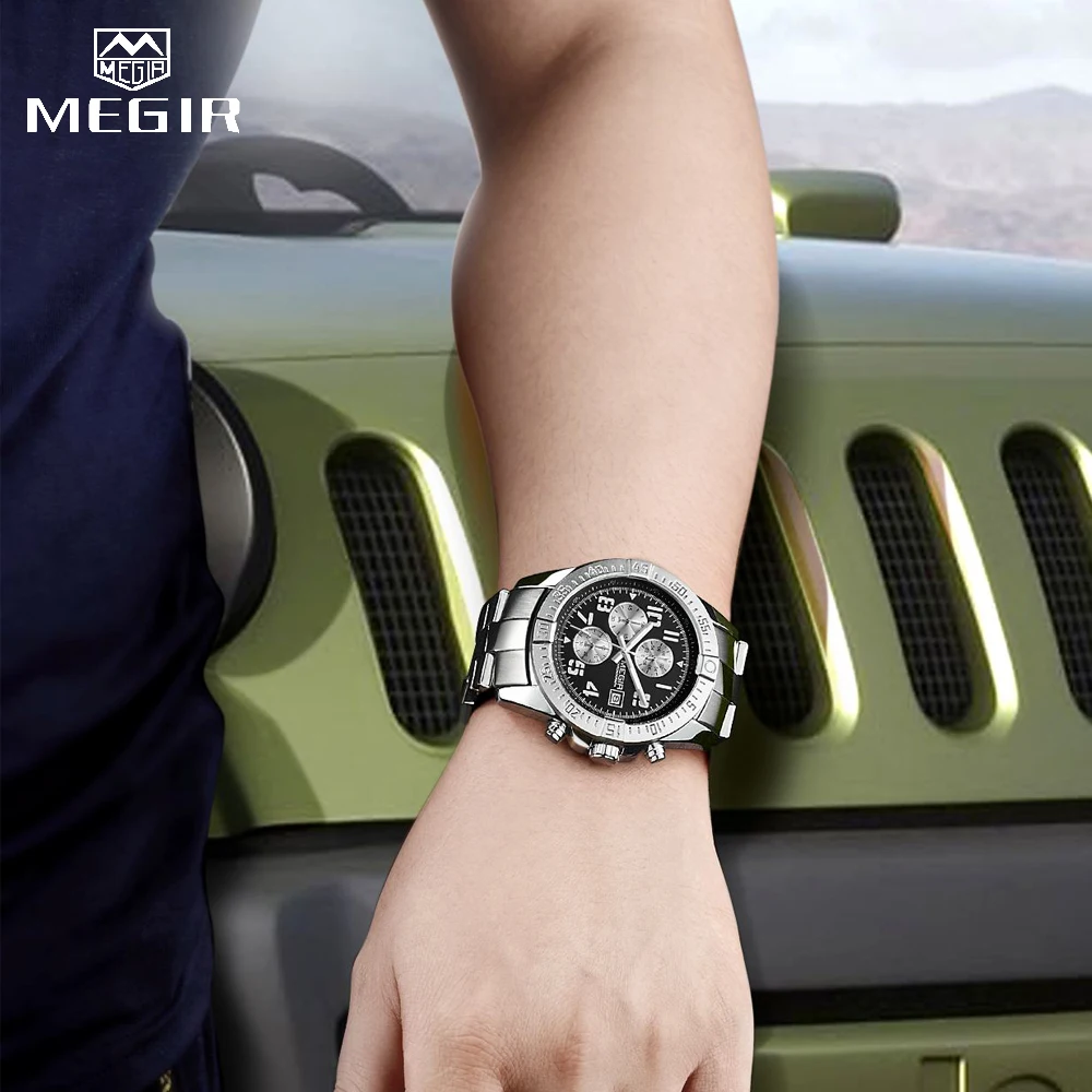 MEGIR Business Men Watch Men Sports Army Military Quartz Watches Relogio Masculino New Stainless Steel Luxury Brand Chronograph