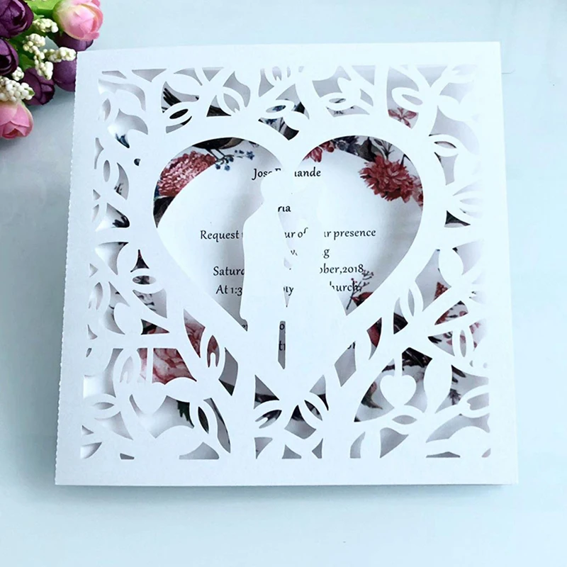 50pcs Blue White Gold Red Hollow Heart Laser Cut Marriage Wedding Invitations Card Greeting Card Print Postcard Party Supplies