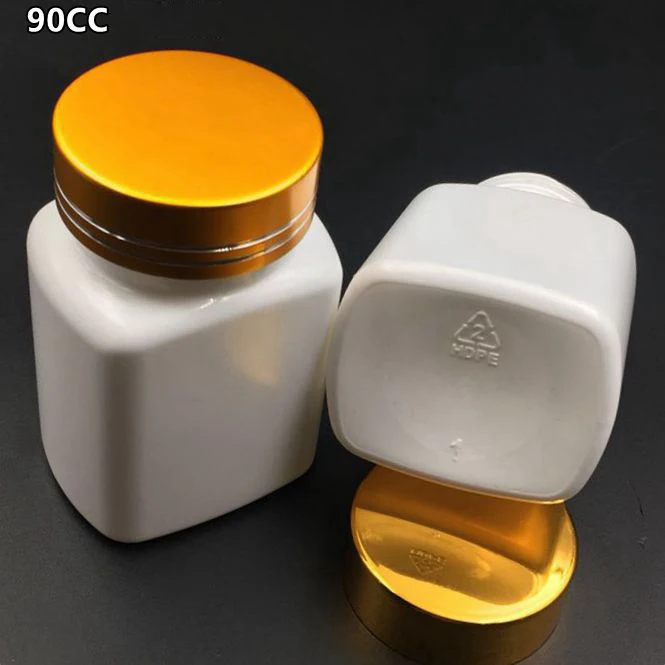 100pcs 90CC Square Thick White Color HDPE Medicine Bottles, 90ml Capsules/Pills/Powder/Vitamin Plastic Bottles with Metal Caps