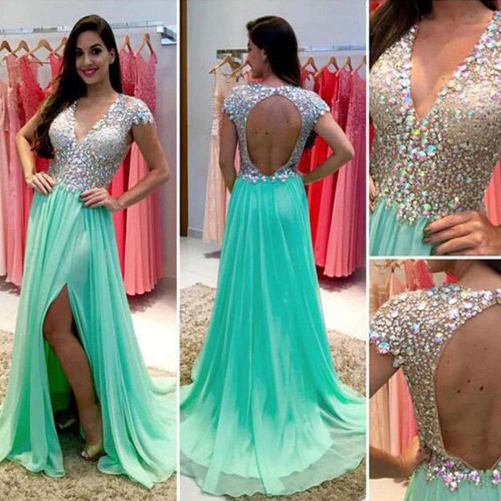 Mint Prom Dresses 2019 V Neck Cap Sleeve Rhinestone Crystal A Line Side Slit Chiffon Evening Dresses Gowns Vestidos