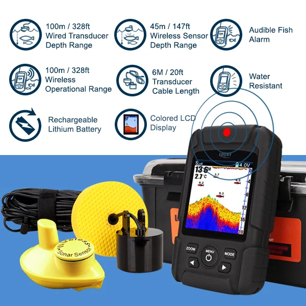 FF718LiC 2-in-1 LUCKY Fishfinder Wireless/Wired Sensor English/Russian Menu 328feet(100m)Waterproof Monitor Rechargeable Battery