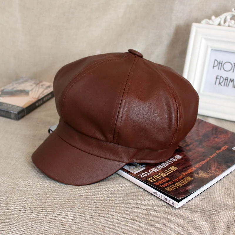 HT1368 Plain Leather Beret Caps Men Women Vintage Artist Painter Octagonal Caps Solid Autumn Winter Hats Black Red Grey