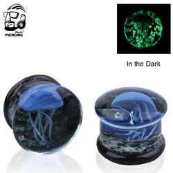 In The Dark 8mm-16mm Blue Translucent Glass Earrings White Jellyfish Ear Plug Tunnel Ear Stretcher Expander Fashion Body Jewelry