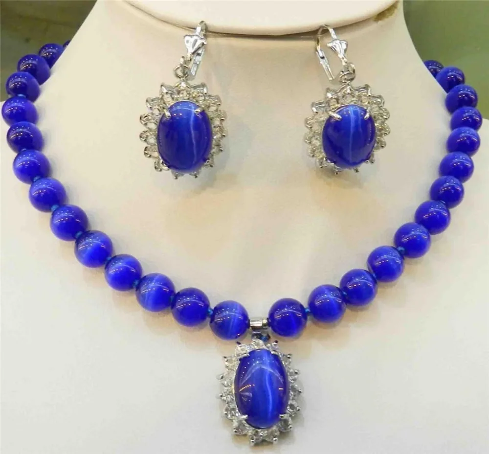 

Blue Opal Round Beads Gems Pendant Necklace Earring Set 18"- watch wholesale Quartz stone CZ crystal