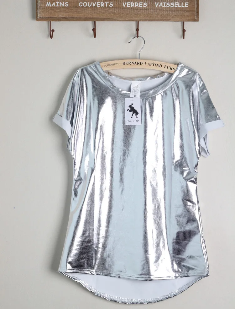 New Punk Women Shiny Silver Short Sleeved T-shirt Personalized  Loose Tee tops