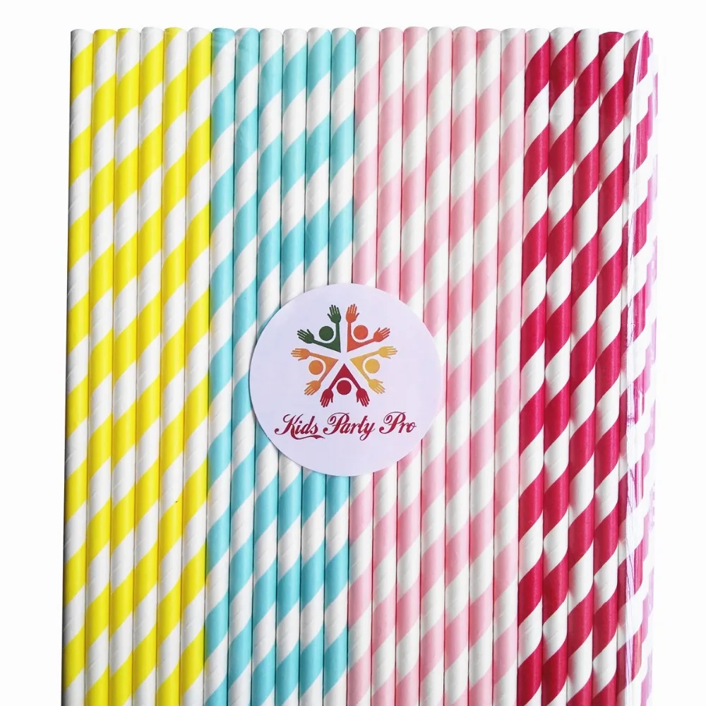 200 Pcs Mixed 4 Colors Striped Themed Paper Straws-Yellow,Light Blue,Light Pink,Red Stripe-Colorful Birthday Party Wedding Bulk