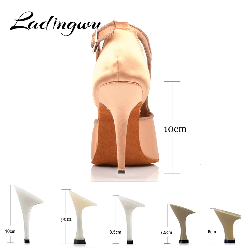 Ladingwu Salsa Dance Shoes Women Apricot Silk Satin Latin Dance Shoes Sotft Bottom Ballroom Dance Shoes Women Heel 6-10cm