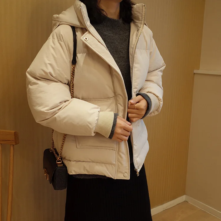 New fashion brand winter beige color hooded warm coat female fluffy bread style thicker warm down cotton coat with pockets wq778