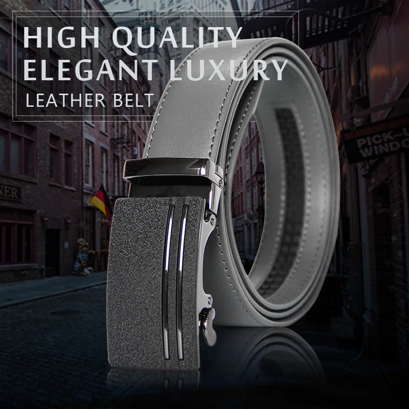 Ceinture en cuir de vache gris à boucle automatique pour homme, marque de luxe populaire, largeur 3.5