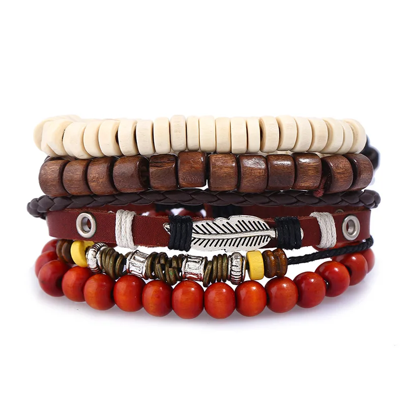 4pcs/set Punk Tibati Brown Leather Wrap Feather Charm Beige Red Croal & Beige Tube Wood Beads Layers Bracelets Bangles for Man