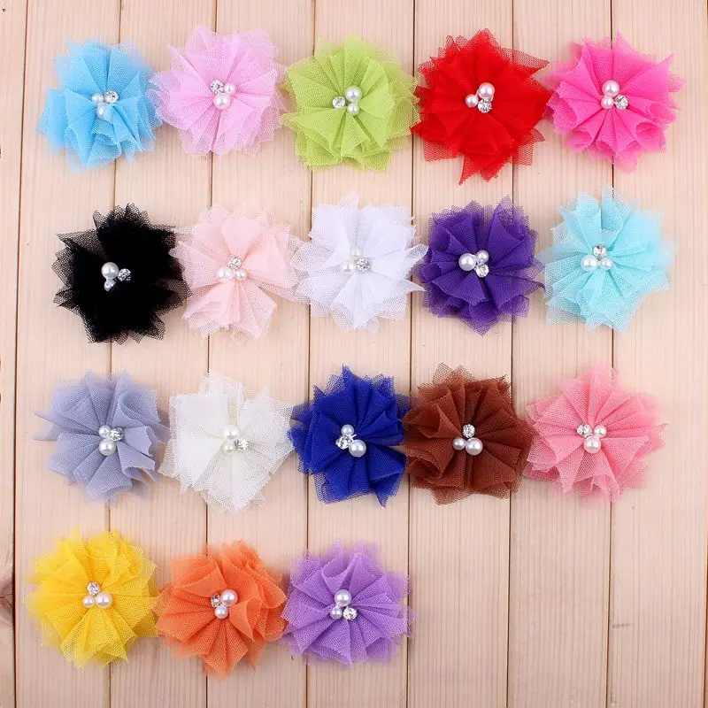 120pcs/lot 6.5cm 18colors DIY Hair Clips Mesh Hair Flowers With Rhinestones+Pearls Artificial Fabric Flower For Girls Headbands