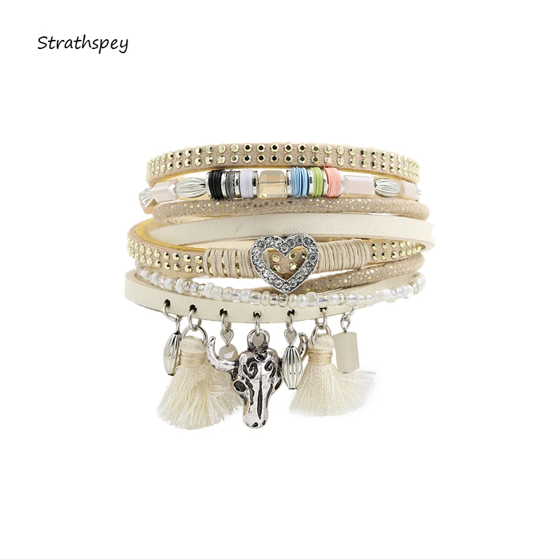 Rivet Multilayer Rhinestone PU Leather Ox Head Tassel Bracelet Bangle Love Magnetic Jewelry for Women Wrap Pulseira Feminina