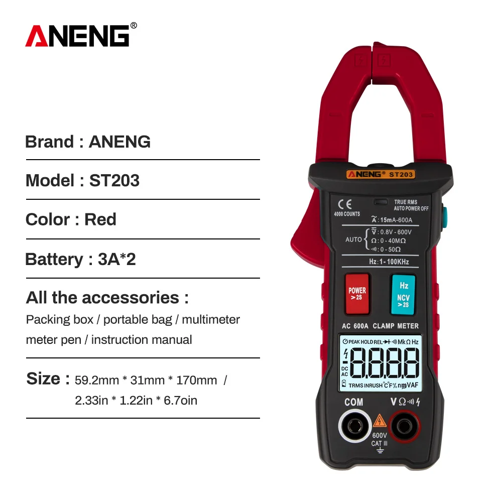 ST203 Clamp Meter 4000 counts Digital Multimeter True-RMS AC/DC Voltage NCV Resistance Surge Inrush Current  Auto Range  Flash l