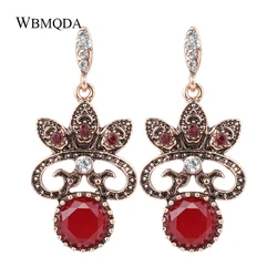 Vintage Bohemian Red Stone Bridal Long Earrings Fashion Antique Gold Color Statement Earrings For Women Indian Jewelry