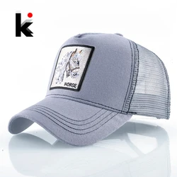 Oddychająca siatka czapka z daszkiem mężczyźni Unisex czapki Trucker kobiety Snapback Hip Hop kości moda koń haft męska Streatwear kapelusz