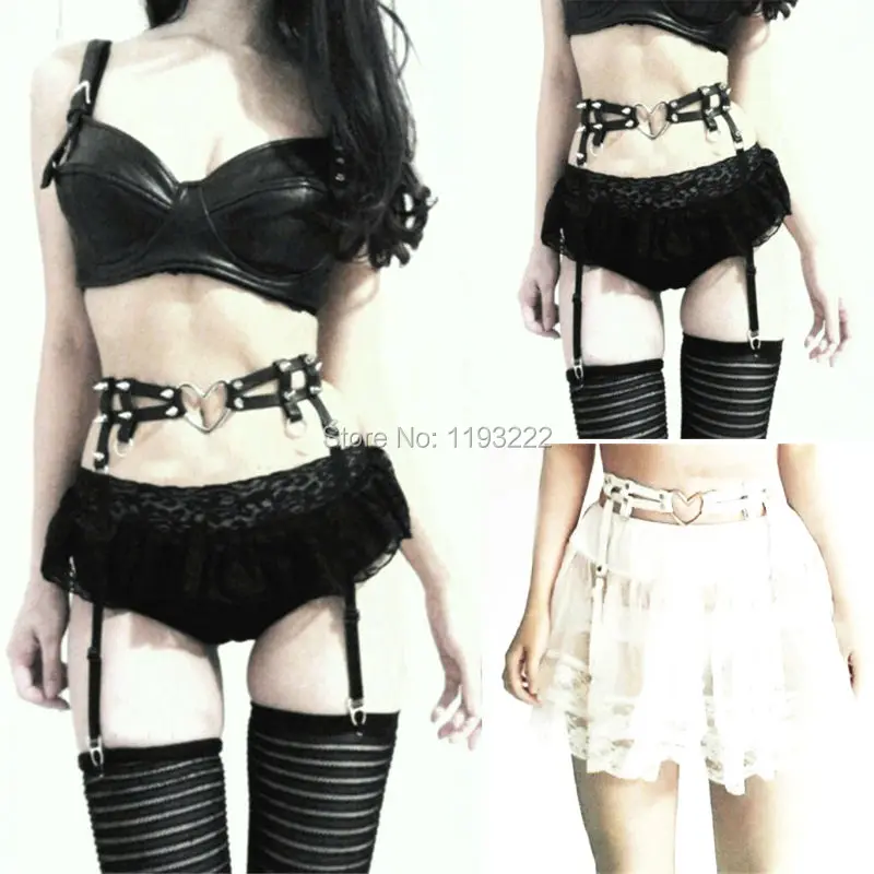 

Sexy Punk Goth Rivet Double Rows Studded Leg Garters, Real Leather Handmade Waist Belt with Large Big Heart Garter Belt