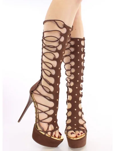 

Hot selling solid color multi strap crisscross back zipper knee high thick platform stiletto heel sandals fashion sandals boots
