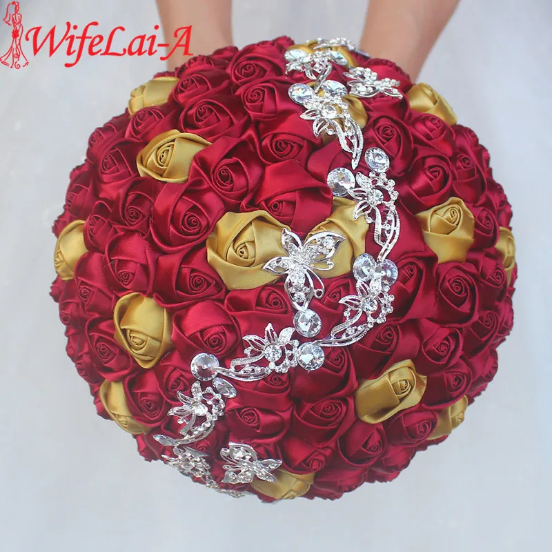 WifeLai-A Burgundy Gold Rose Wedding Bouquet Butterfly Crystal Diamonds Brooch Bridal Mariage Stitch Bride Wedding Flowers W2216