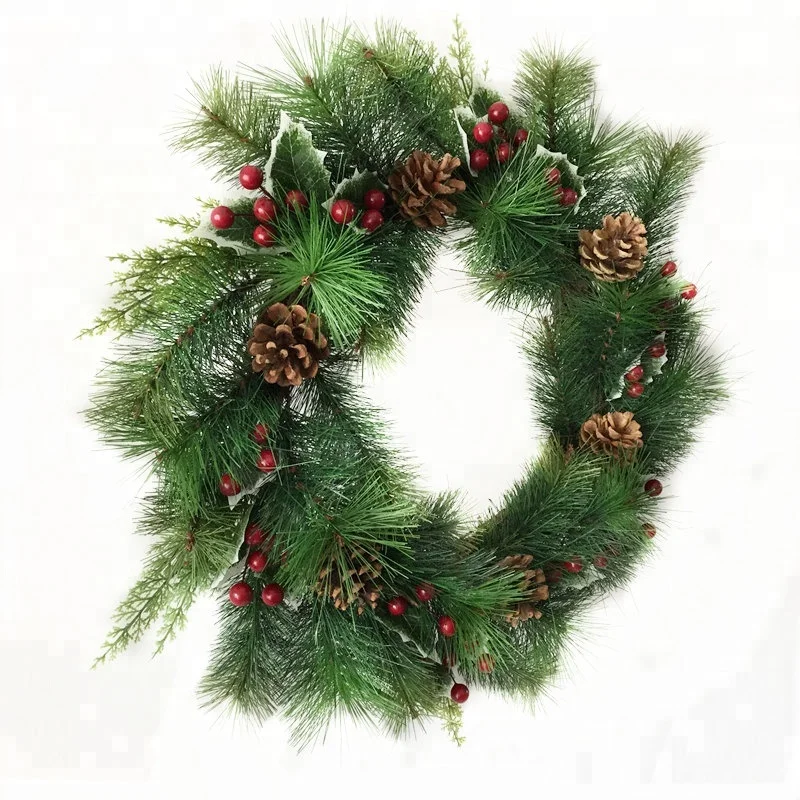 1pc/lot New Christmas Decoration Wreaths 21 Inch Artificial Pine Needles Wreaths with Red Berries and Pinecone Free Shipping