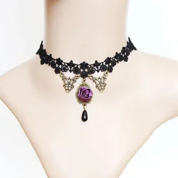 Handmade Womens Sexy Lady New Gothic Black Lace Short Collar Necklace Choker Bronze Metal Purple Flower Rose Drop Vintage Retro