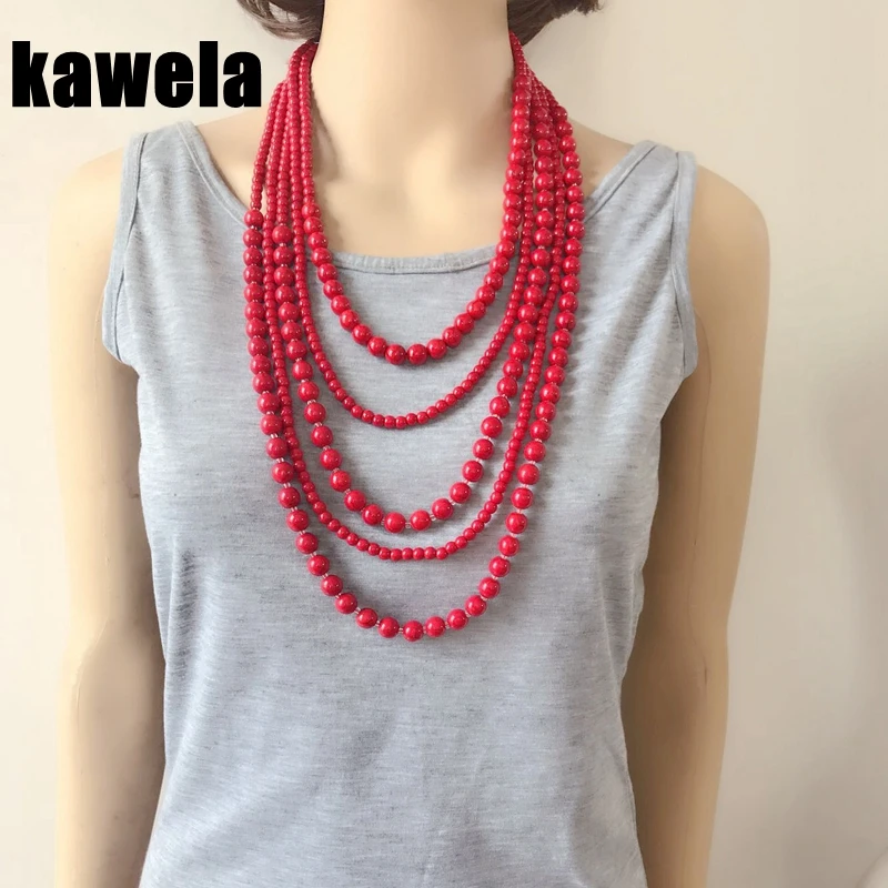 New Five Layers Marble Natural Stone Collar Statement Chunky Red Necklace