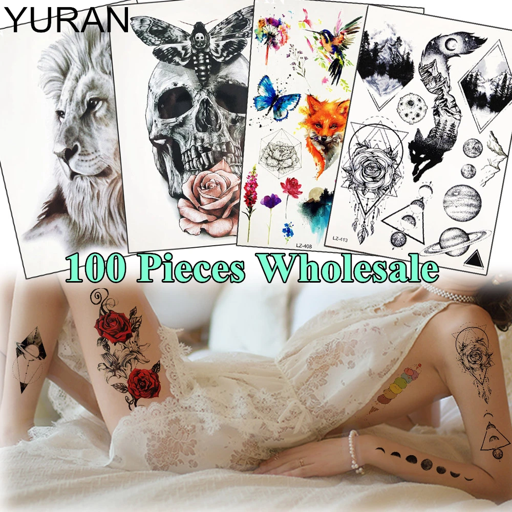 

YURAN 100 Pieces Wholesale Water Transfer Fake Tattoo Temporary Lion Skull Body Art Tattoo Stickers For Men Women Arm Leg Tatoos