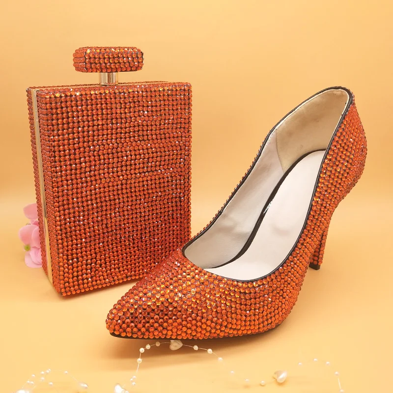 

BaoYaFang Orange Pointed Toe Womens Wedding Shoes with matching bags Thin heel big size 34-48 Womens Plus size shoe and purse