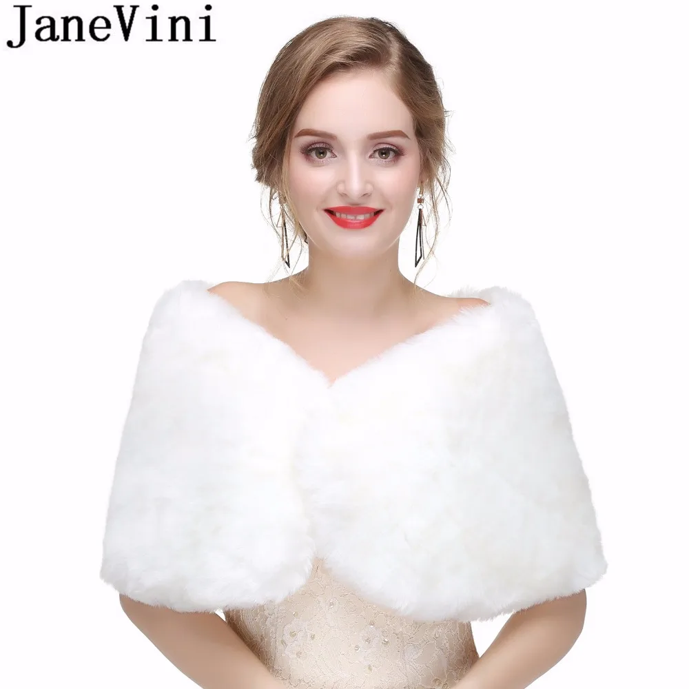 JaneVini Chic Bridal White Cape Shawl Faux Fur Wrap Winter Wedding Party Evening Shoulder Wraps Stoles Bolero Fourrure Mariage