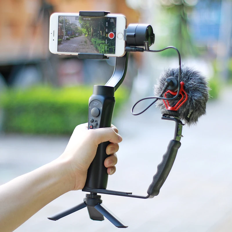 2 IN 1 Mini Tripod+L Bracket Stand With 2 Hot Shoe for Zhiyun Smooth Q 4/DJI OM 4 OSMO Mobile2 /Feiyu Gimbal/BY-MM1 Microphone