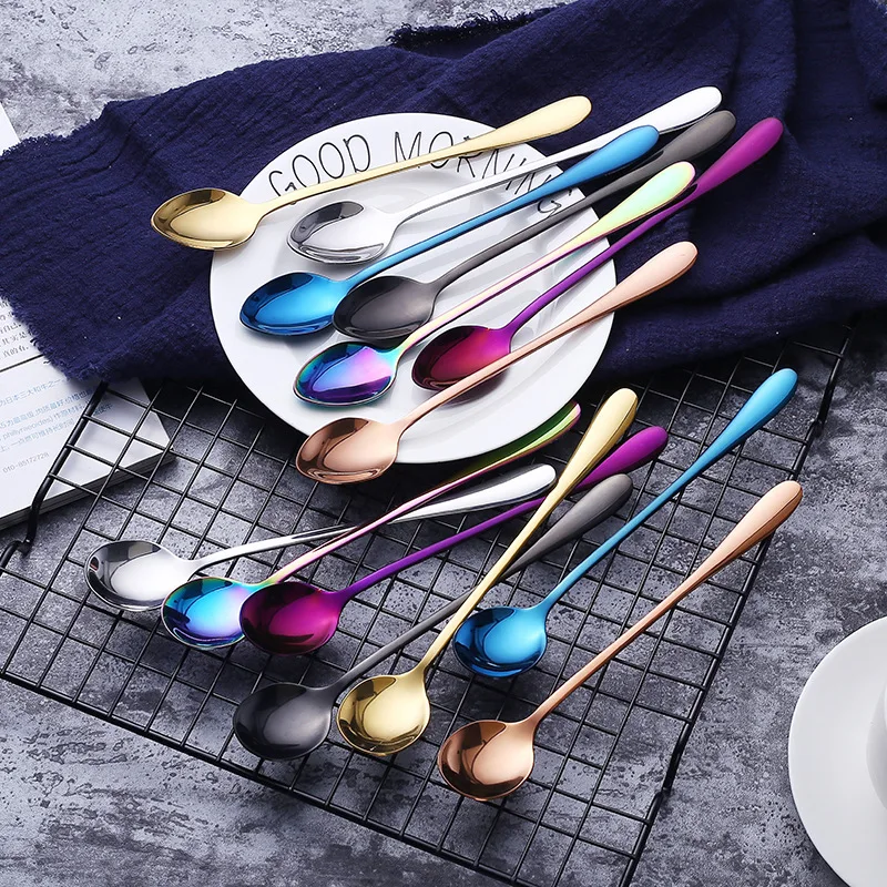 Coffee Spoons Mixing Spoons Ladles Set Stainless Steel Dipper Rainbow Sharp And Round Head Cold Drink Fruit Long Ice Spoons 6pcs