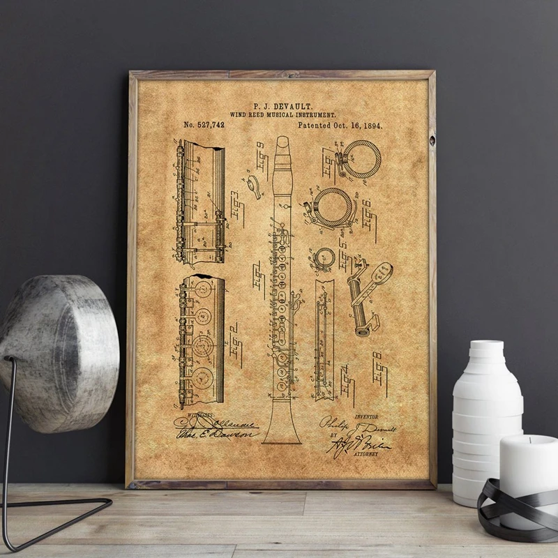 Clarinet 1894 Poster Jazz Art Prints Music Room Decor Vintage Clarinet Patent Blueprint Canvas Painting Musician Gift idea
